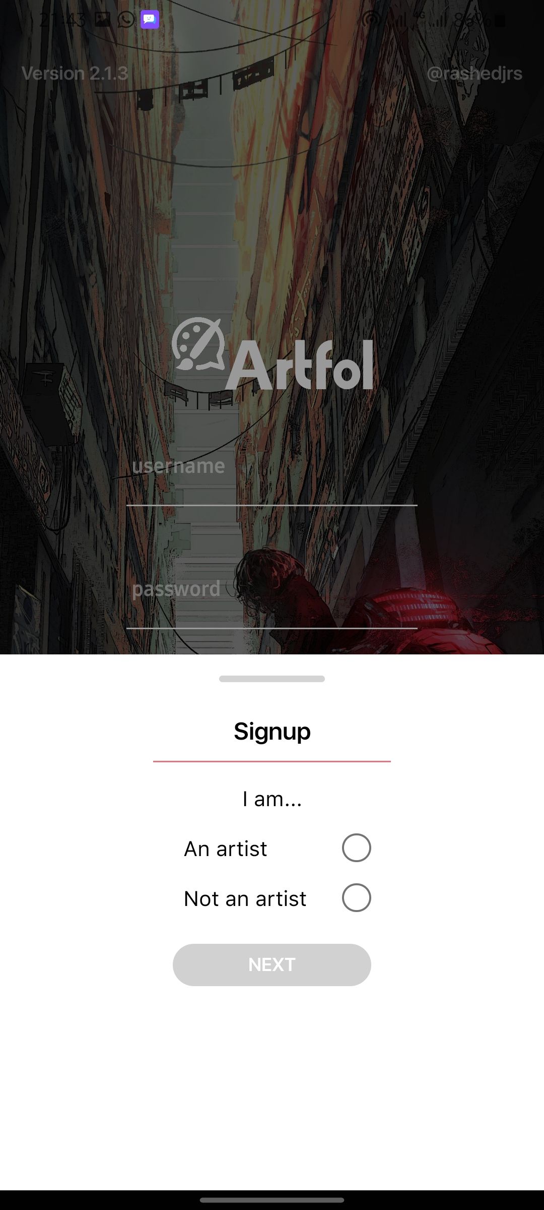Процесс выбора типа аккаунта: художник или не-художник