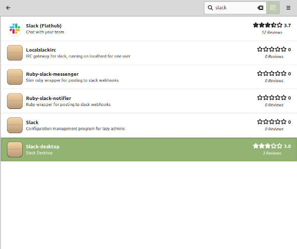 Slack в менеджере ПО Linux Mint, доступные пакеты и кнопка установки.