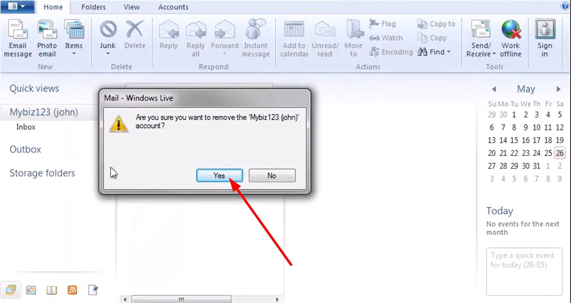 Подтверждение удаления учётной записи — кнопка 'Yes'