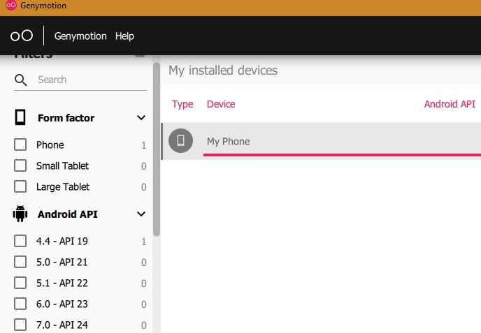 Опции управления виртуальным устройством в Genymotion