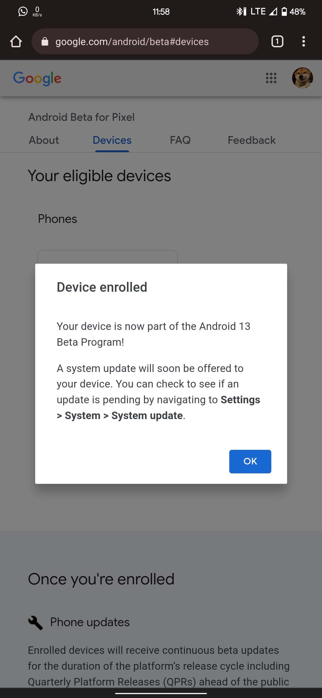 Всплывающее окно с подтверждением регистрации устройства