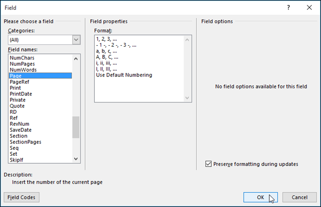 Диалог выбора поля Page