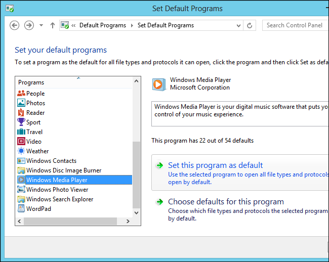 Выбор Windows Media Player в списке программ по умолчанию