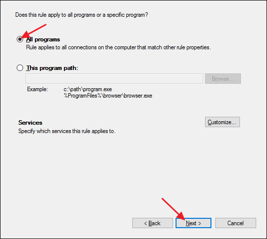 Выбор программ при создании правила
