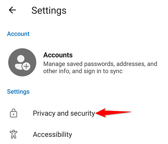 Раздел «Конфиденциальность и безопасность» в настройках Edge