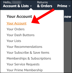 Выпадающее меню аккаунта Amazon с пунктами