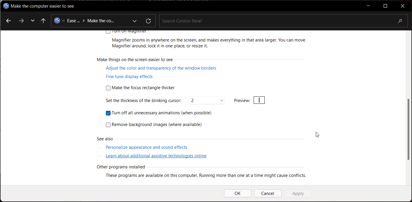 Отключать ненужные анимации через Панель управления