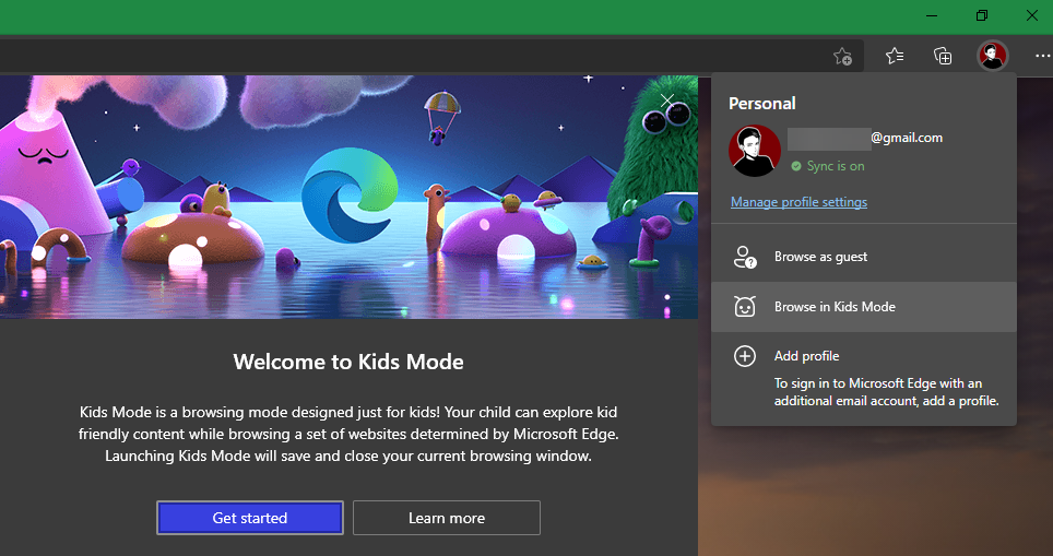 Диалог запуска Kids Mode в Microsoft Edge с кнопкой Get started