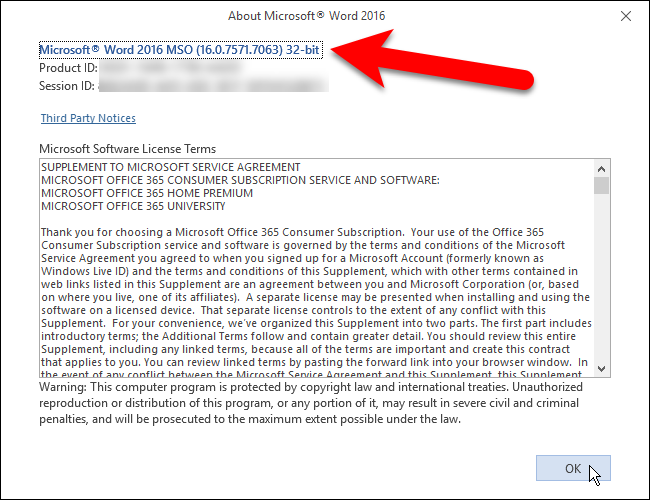 Диалог О программе Word, показывающий версию и разрядность