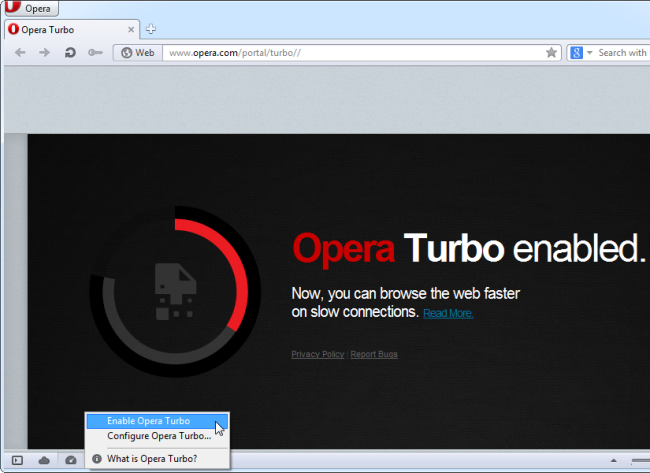 Включение Opera Turbo в интерфейсе браузера