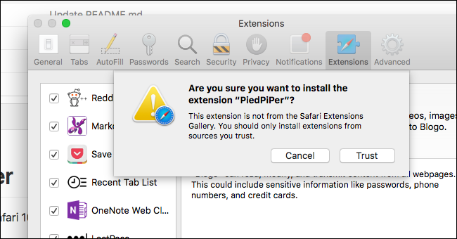 Окно установки расширения Safari с кнопкой Trust (Доверять)