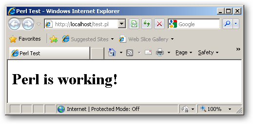 Тестовая страница Perl в браузере: Perl is working!