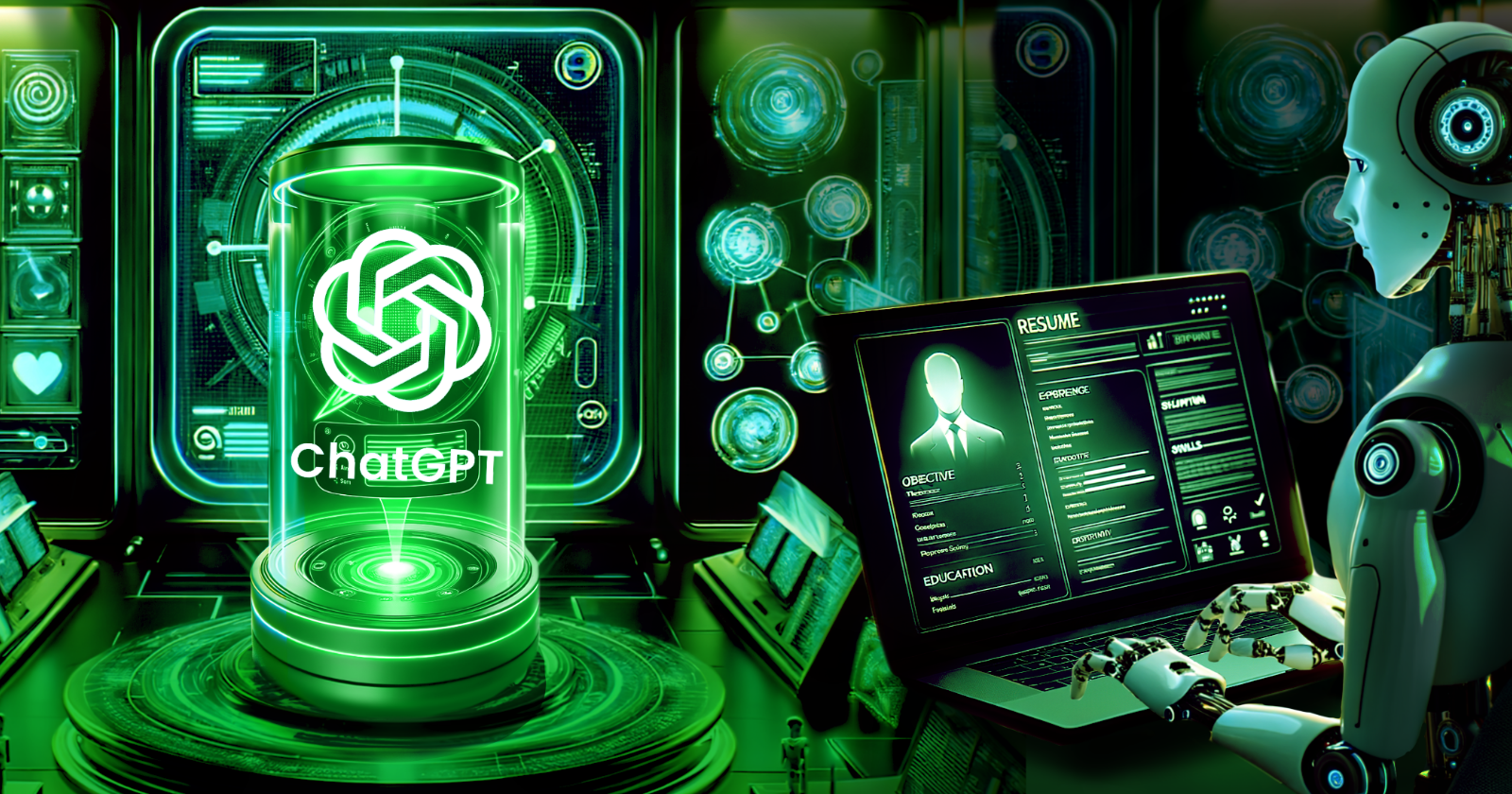 Робот за ноутбуком в командном центре высокого уровня с брендингом ChatGPT.