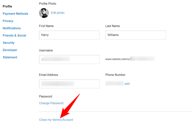 Выберите «Close My Venmo Account» внизу страницы «Profile».