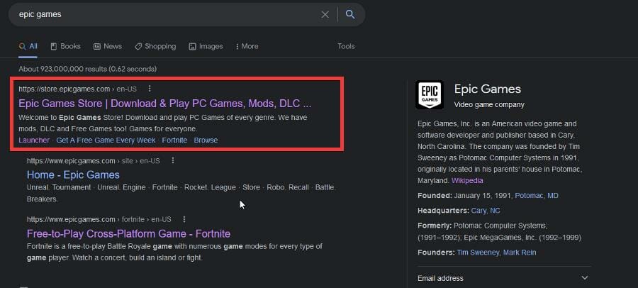 Результат поиска сайта Epic Games