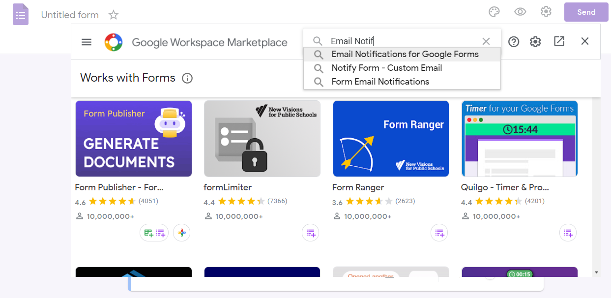 Поиск дополнения Email Notifications for Google Forms