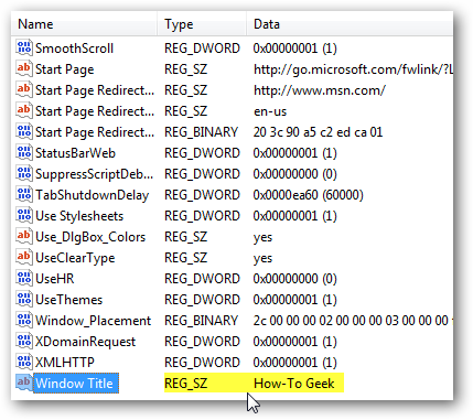 Новое строковое значение Window Title отображается в реестре