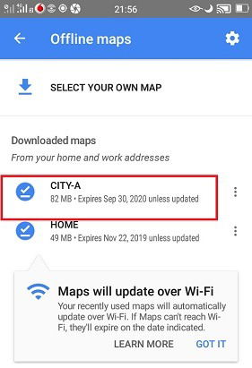 Сохранённая офлайн‑карта с датой истечения