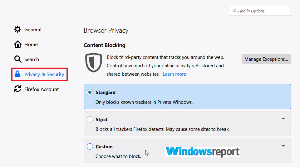 Параметры разрешений и исключений в Firefox
