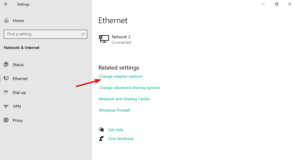 Пункт Изменить параметры адаптера в Настройках Ethernet