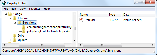 Глобально установленные расширения Chrome в реестре