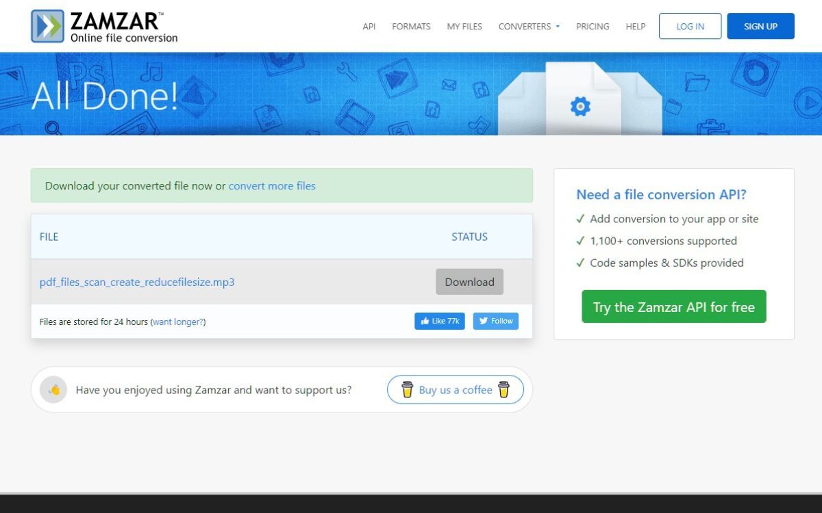 Скриншот страницы завершения загрузки на Zamzar
