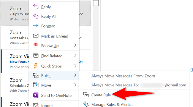 Меню с опцией Правила и пункт Создать правило.