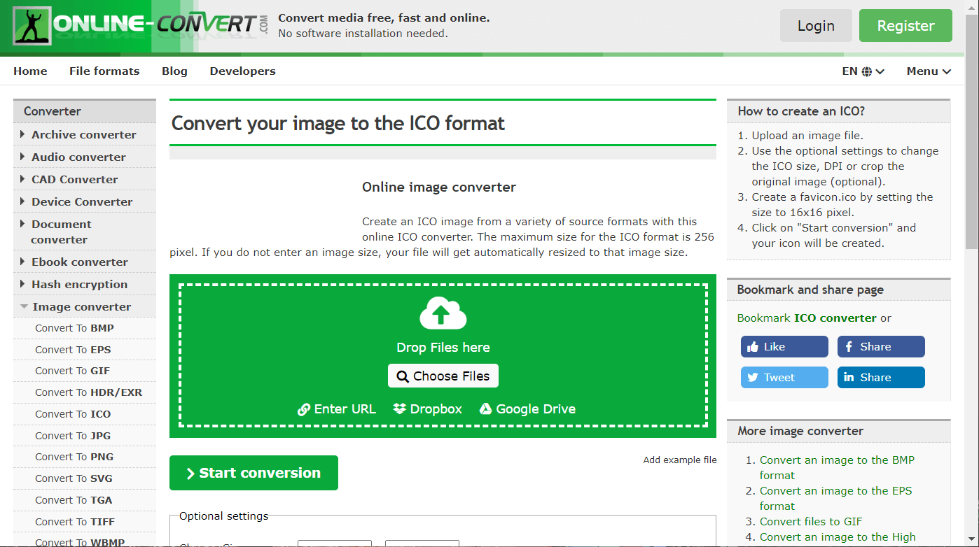 Страница онлайн-конвертера изображений