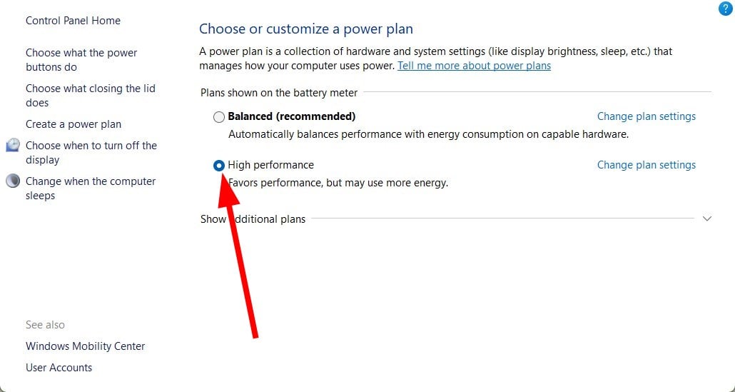Выбор плана Электропитание — Высокая производительность