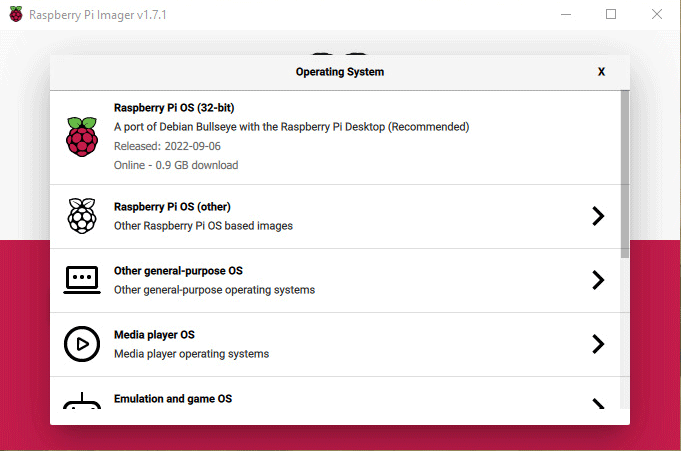 Raspberry Pi Imager: выбор ОС