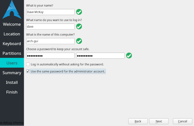 The Arch Linux Calamares installer user details screen