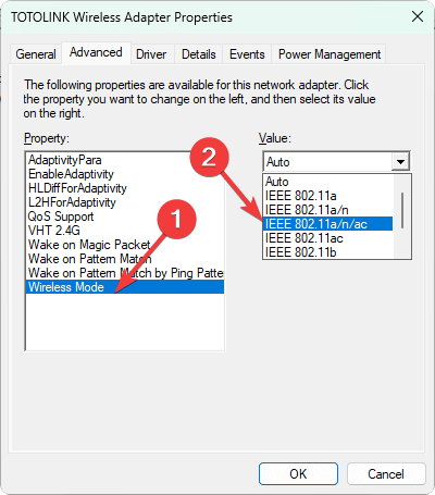 Выбор режима беспроводной сети в свойствах адаптера