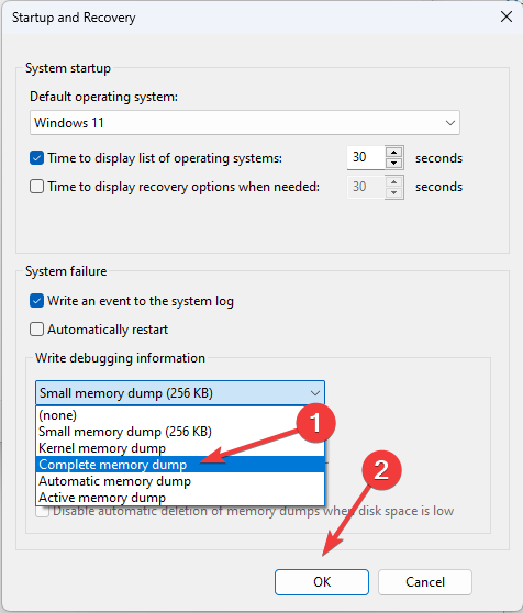 Выбор полного дампа памяти