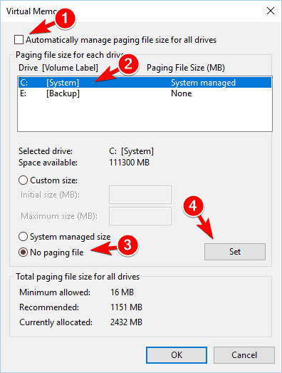 Отключение файла подкачки для диска C