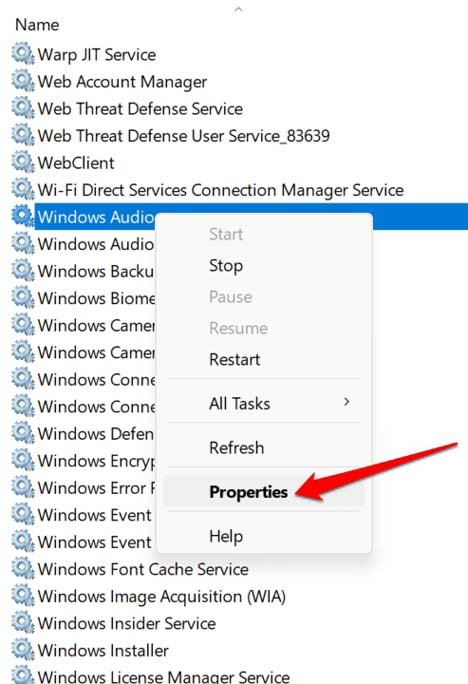 Свойства службы Windows Audio