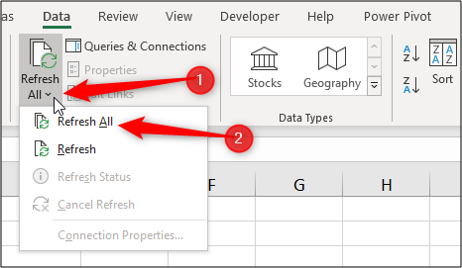 Обновление всех сводных таблиц