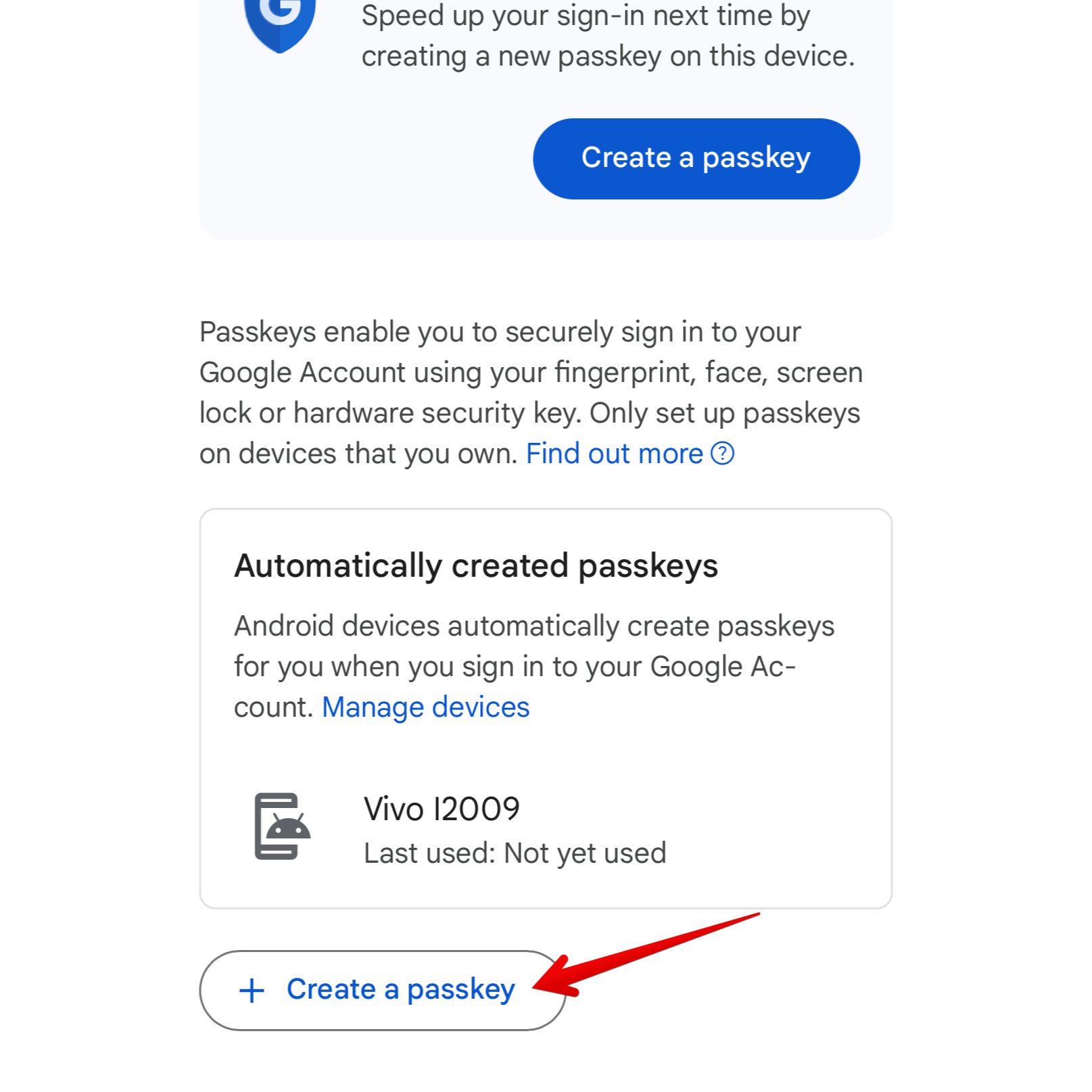 Кнопка создания нового passkey выделена в панели управления Google Account.