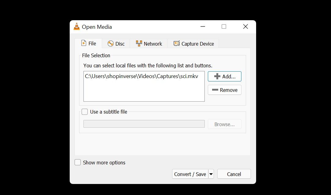 Добавление файла в VLC для конвертации