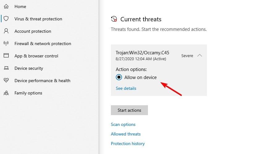 Разрешить файл на устройстве в Windows Security