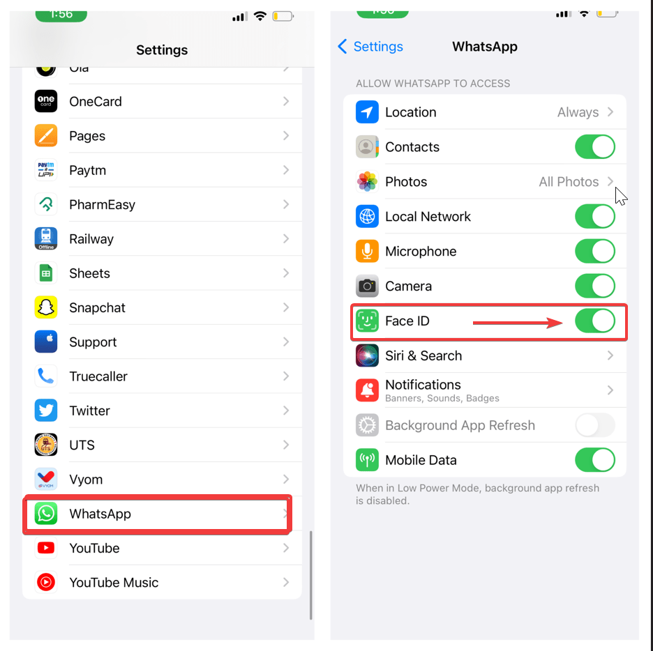 Системные настройки iPhone: включите Face ID для WhatsApp