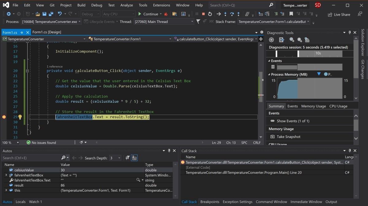 Добавление точки останова в Visual Studio
