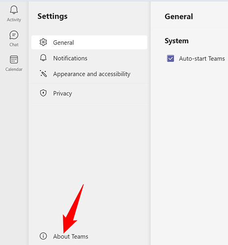 Выберите «О Teams» на странице параметров.