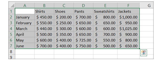 Select data in Excel
