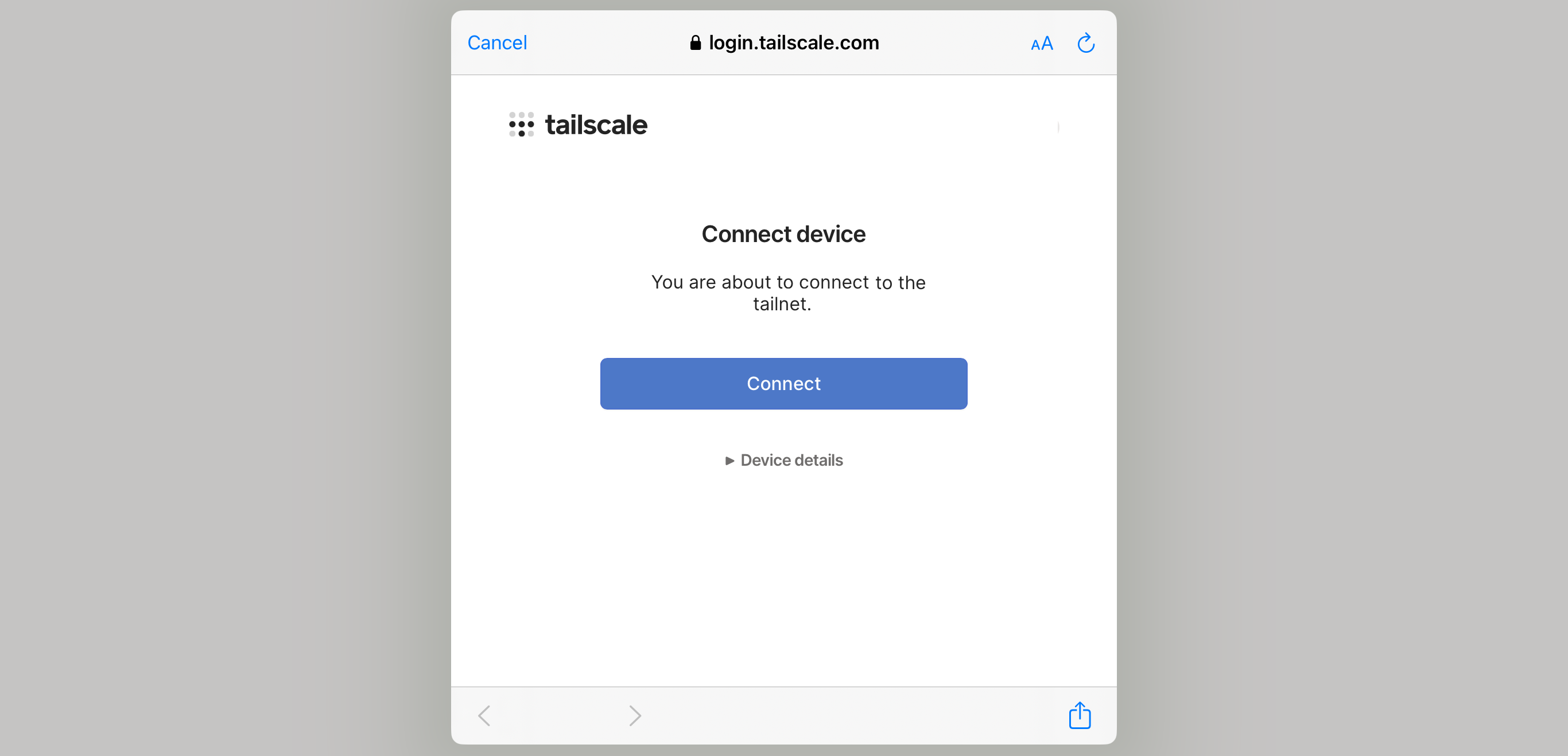 Подключение устройства к Tailscale из приложения.