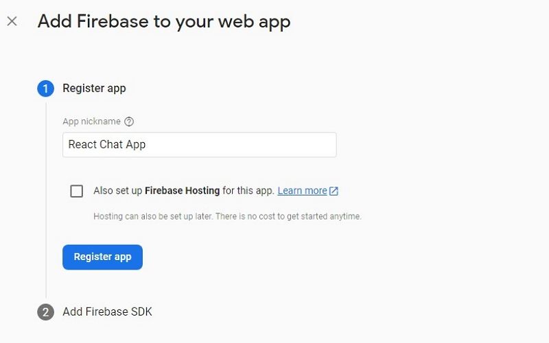 Firebase settings page for a new web application