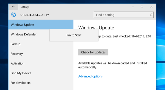 Изображение: пример закрепления экрана настроек Windows 10