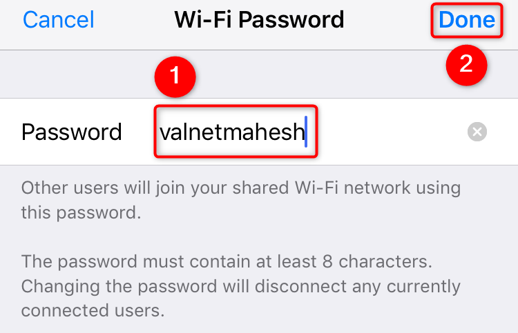 Страница изменения пароля Wi-Fi на iPhone с выделением кнопки «Готово».