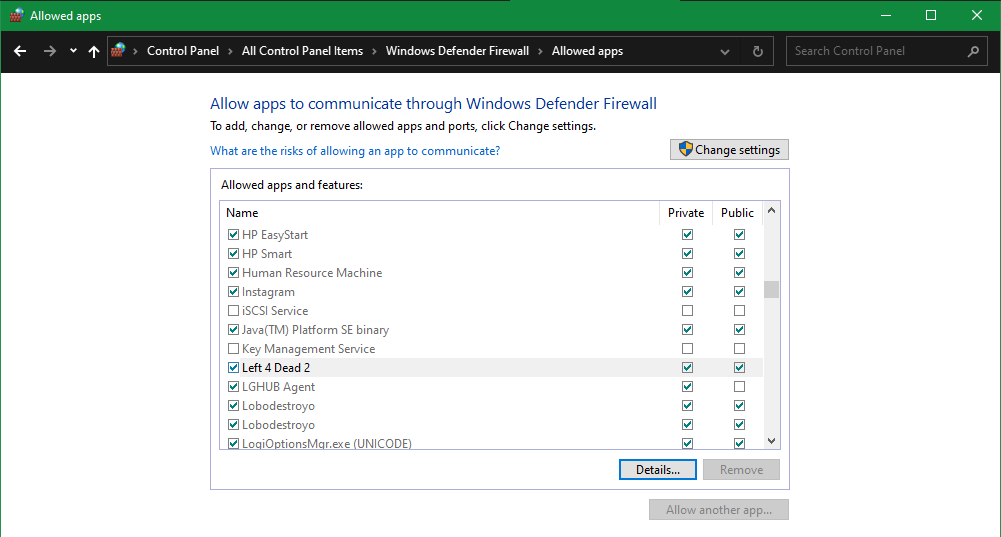 Кнопка 'Изменить параметры' в брандмауэре Windows