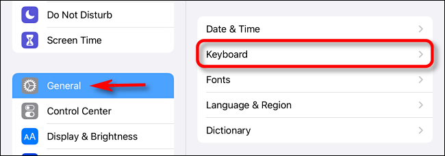 Экран настроек iPad с пунктами «General» и «Keyboard»