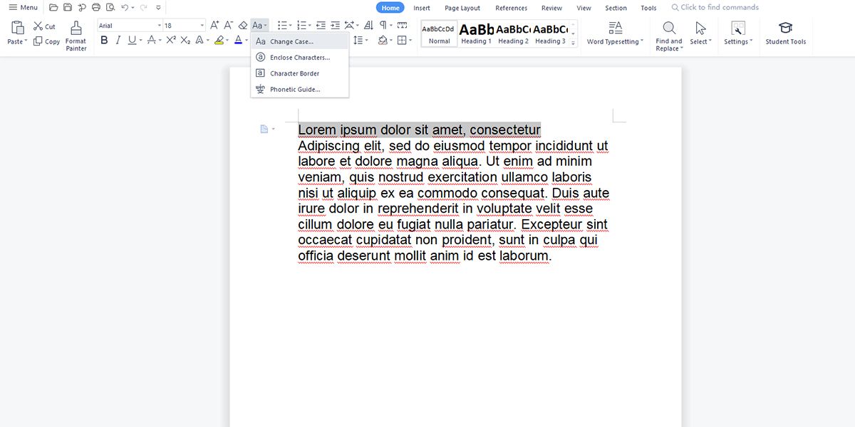Как найти команду «Изменить регистр» в WPS Office